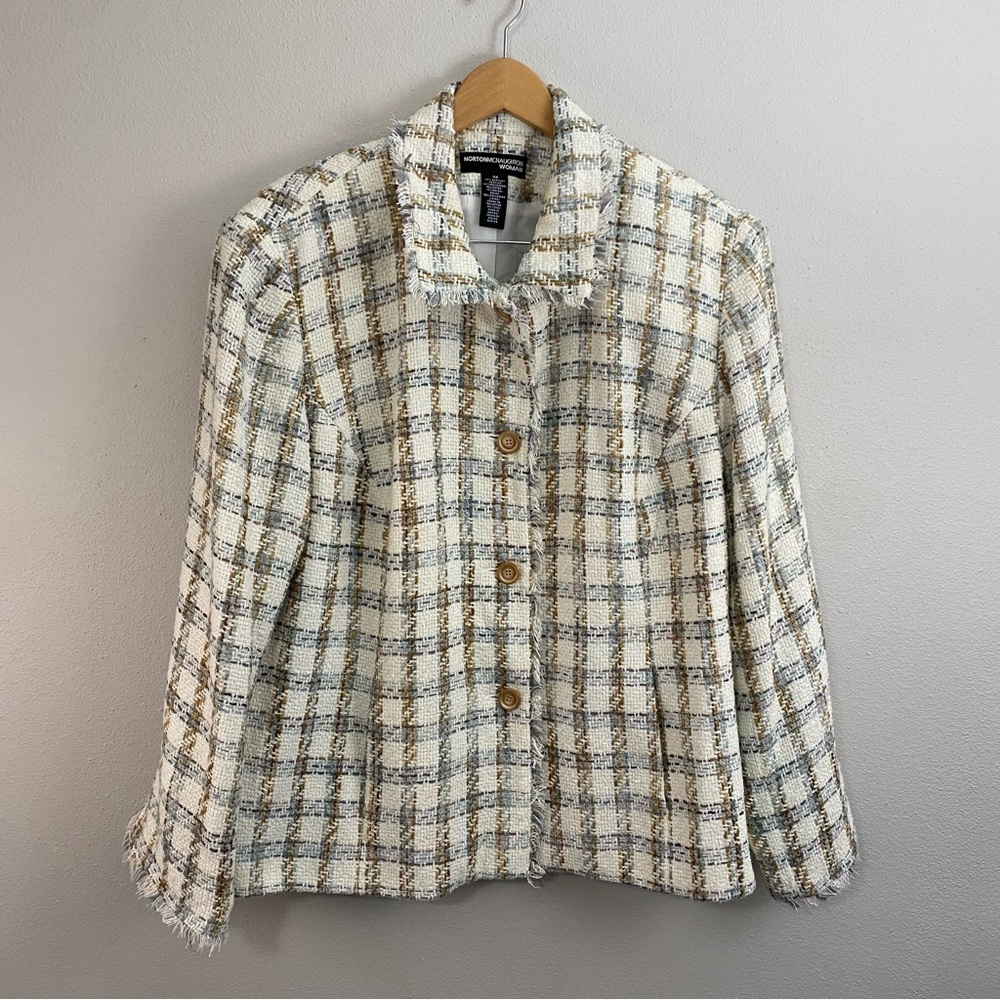 Norton McNaughton Cream Plaid Tweed Blazer with Tan and Gray